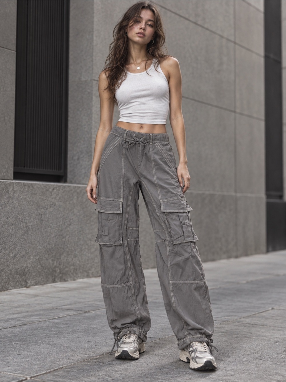 Zara Gray Utility Cargo Parachute Pants Size 4 Y2K Gorpcore Techwear